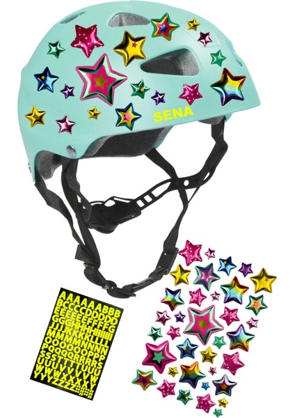 Turkuaz Çocuk Kaskı Spor Koruyucu Kask Yıldızlar ve Harfler Stickerlı Bisiklet Paten Ekipmanı