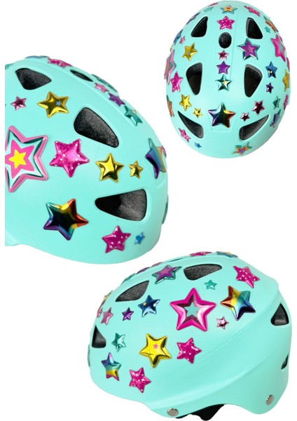Turkuaz Çocuk Kaskı Spor Koruyucu Kask Yıldızlar ve Harfler Stickerlı Bisiklet Paten Ekipmanı fırsatları
