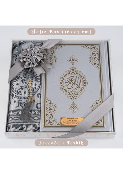 Kuran + Seccade + Tesbih Hediye Seti (Hafız Boy, Ekonomik Cilt, Desenli Kutu, Gri)