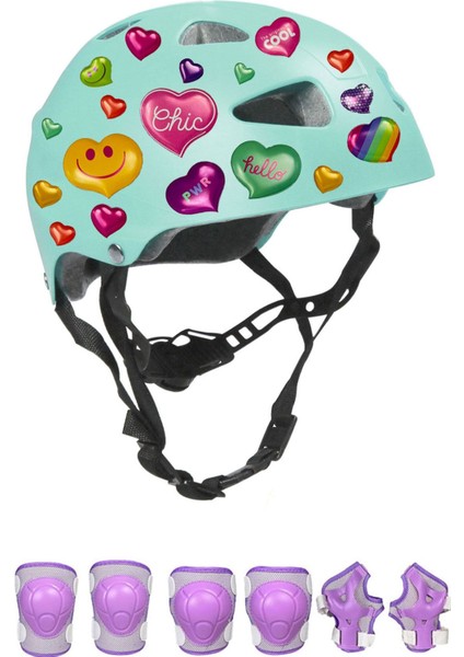 Turkuaz Çocuk Kaskı Kalpler ve Harfler Stickerlı Spor Koruyucu Kask Lila Dizlik Dirseklik Seti