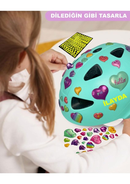 Turkuaz Çocuk Kaskı Kalpler ve Harfler Stickerlı Spor Koruyucu Kask Lila Dizlik Dirseklik Seti fiyatları