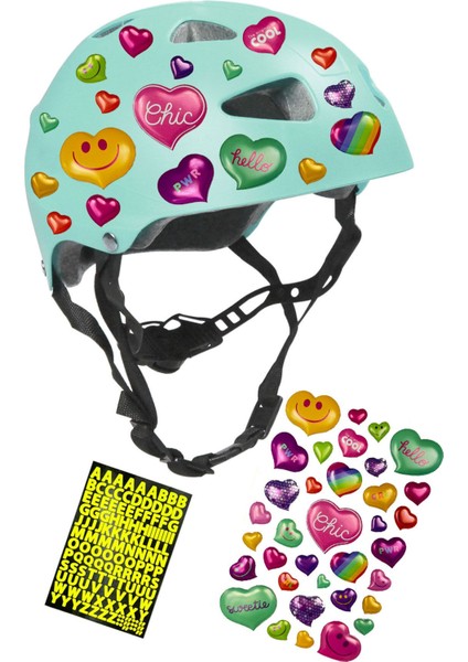 Turkuaz Çocuk Kaskı Kalpler ve Harfler Stickerlı Spor Koruyucu Kask Lila Dizlik Dirseklik Seti modelleri