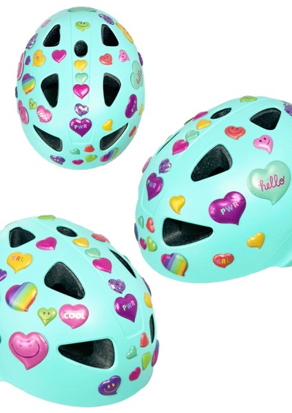 Turkuaz Çocuk Kaskı Kalpler ve Harfler Stickerlı Spor Koruyucu Kask Lila Dizlik Dirseklik Seti fırsatları