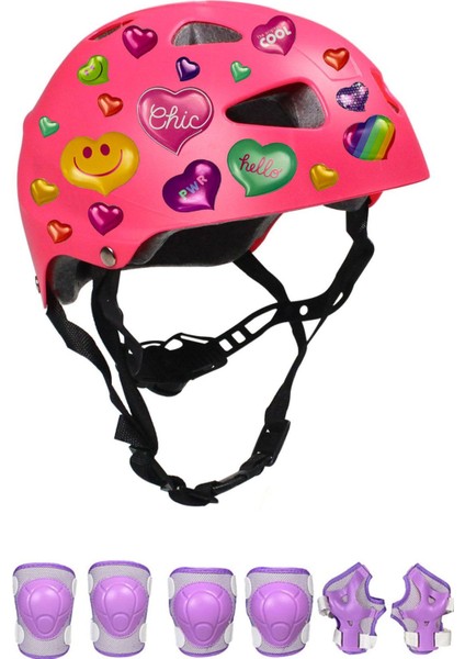 Pembe Çocuk Kaskı Kalpler ve Harfler Stickerlı Spor Koruyucu Kask Lila Dizlik Dirseklik Seti