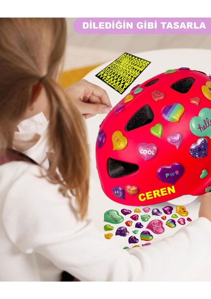 Pembe Çocuk Kaskı Kalpler ve Harfler Stickerlı Spor Koruyucu Kask Lila Dizlik Dirseklik Seti fiyatları
