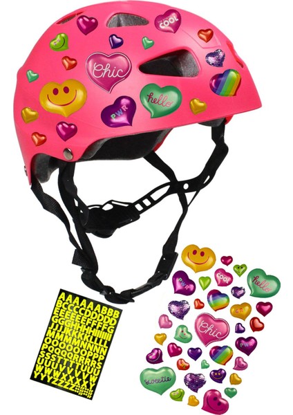 Pembe Çocuk Kaskı Kalpler ve Harfler Stickerlı Spor Koruyucu Kask Lila Dizlik Dirseklik Seti modelleri