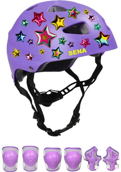 Lila Çocuk Kaskı Spor Yıldızlar ve Harfler Stickerlı Koruyucu Kask Lila Dizlik Dirseklik Seti
