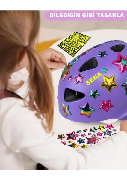 Lila Çocuk Kaskı Spor Yıldızlar ve Harfler Stickerlı Koruyucu Kask Lila Dizlik Dirseklik Seti fiyatları