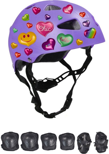 Lila Çocuk Kaskı Spor Kalpler ve Harfler Stickerlı Koruyucu Kask Siyah Dizlik Dirseklik Seti