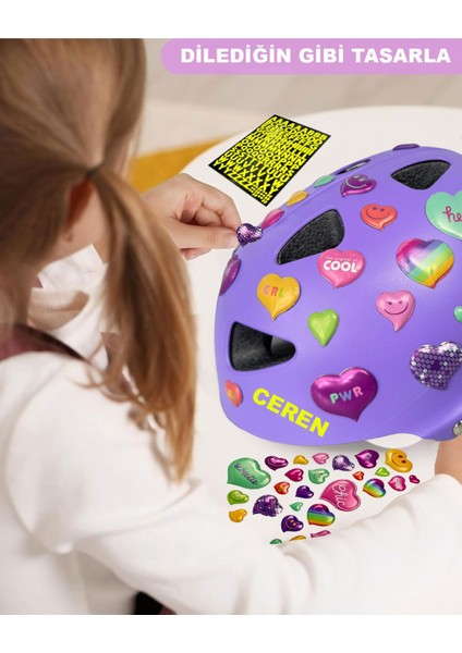 Lila Çocuk Kaskı Spor Kalpler ve Harfler Stickerlı Koruyucu Kask Siyah Dizlik Dirseklik Seti fiyatları