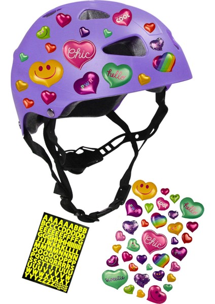 Lila Çocuk Kaskı Spor Kalpler ve Harfler Stickerlı Koruyucu Kask Siyah Dizlik Dirseklik Seti modelleri