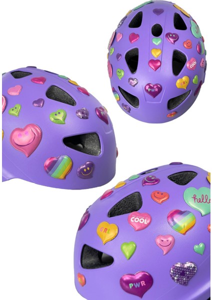 Lila Çocuk Kaskı Spor Kalpler ve Harfler Stickerlı Koruyucu Kask Siyah Dizlik Dirseklik Seti fırsatları