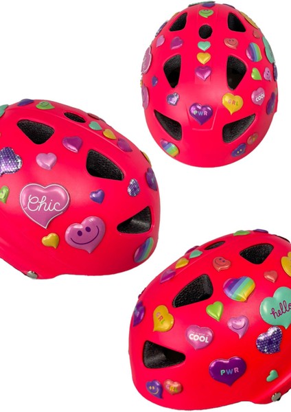 Pembe Çocuk Kaskı Spor Koruyucu Kask Kalpler ve Harfler Stickerlı Bisiklet Scooter Paten Ekipmanı fırsatları
