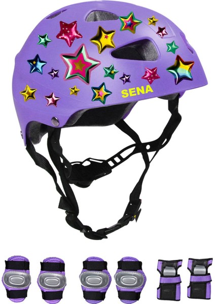 Lila Çocuk Kaskı Spor Yıldızlar ve Harfler Stickerlı Koruyucu Kask Lila Mor Dirseklik Seti