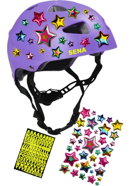Lila Çocuk Kaskı Spor Yıldızlar ve Harfler Stickerlı Koruyucu Kask Lila Mor Dirseklik Seti fırsatları