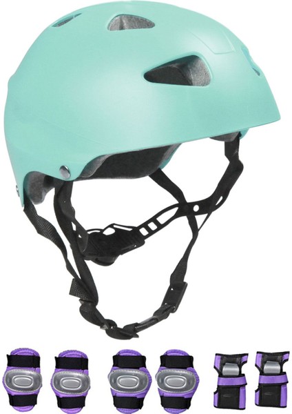 Turkuaz Çocuk Kaskı Spor Koruyucu Kask Siyah Mor Dirseklik Donanım Seti Bisiklet Scooter Paten