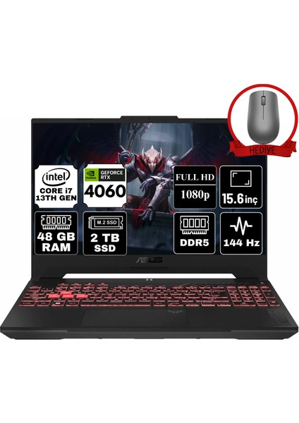 Tuf Gamıng F15 Intel Core I7-13620H 48GB 2tb SSD RTX4060/8GB 15.6" Fhd 144Hz Windows 11 Pro Taşınabilir Bilgisayar FX507VV-LP242-A87 & Anzar Mouse