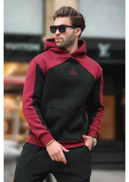 Bordo Kapüşonlu Cep Detaylı Nakışlı Sweatshirt E7085