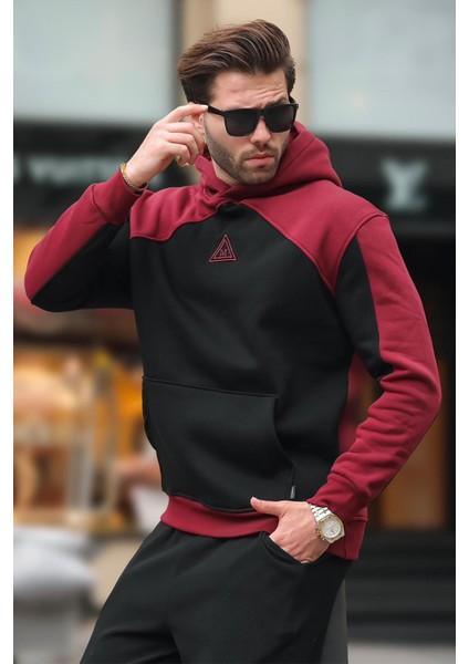 Bordo Kapüşonlu Cep Detaylı Nakışlı Sweatshirt E7085