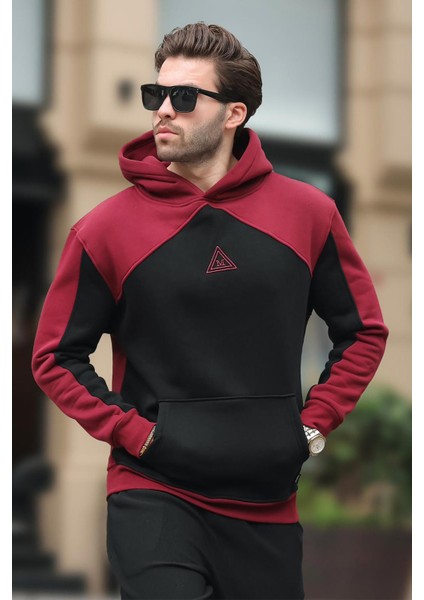 Bordo Kapüşonlu Cep Detaylı Nakışlı Sweatshirt E7085