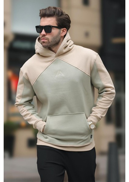 Bej Kapüşonlu Cep Detaylı Nakışlı Sweatshirt E7085