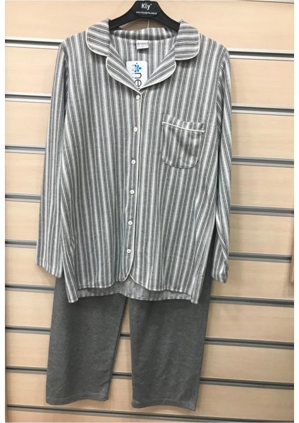 %100 Pamuk Yakalı Önden Düğmeli Kadın Çizgili Pijama Takım 14392