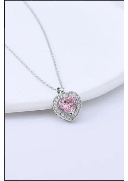 Gümüş Zincirli Zirkon Taşlı Pembe Kalp Paslanmaz Çelik Kolye Aksesuar Şık Hediyelik