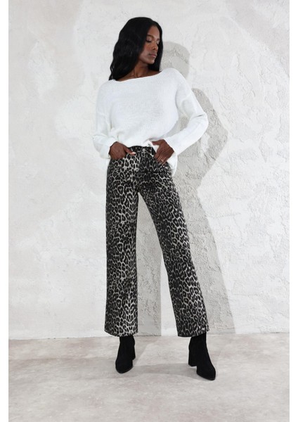 Siyah Yüksek Bel Leopar Desen Straight Jean