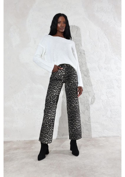 Siyah Yüksek Bel Leopar Desen Straight Jean