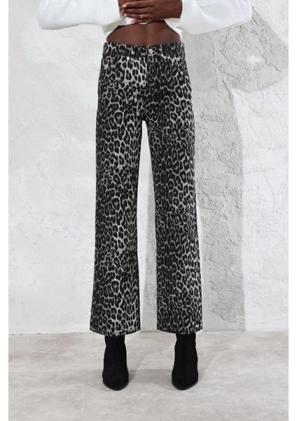 Siyah Yüksek Bel Leopar Desen Straight Jean