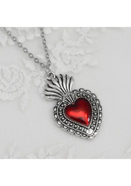 Kırmızı Taç Detaylı Vintage Kalp Kolye Gotik Aksesuar