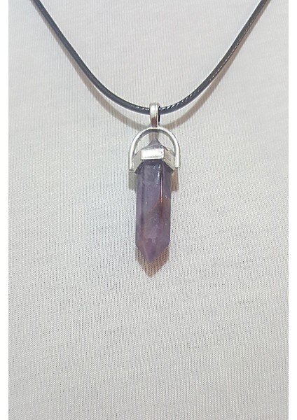 Ametis Taşı Prizma Çivi Kesim Doğal Taşlı Siyah Ipli Kolye - 38