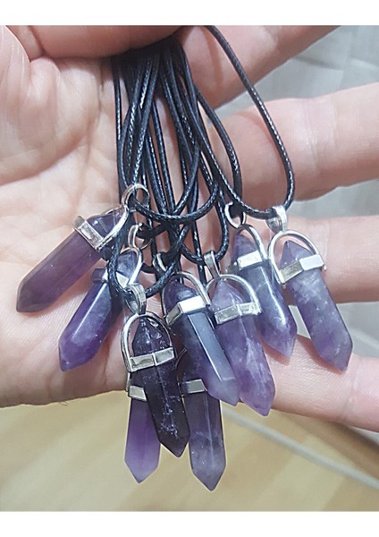 Ametis Taşı Prizma Çivi Kesim Doğal Taşlı Siyah Ipli Kolye - 38 modelleri