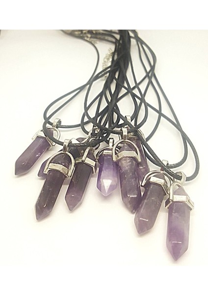 Ametis Taşı Prizma Çivi Kesim Doğal Taşlı Siyah Ipli Kolye - 38 fırsatları