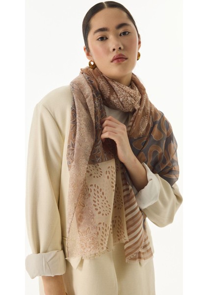 Adalie Geometrik Çiçek Desen Petrol Pamuklu Şal