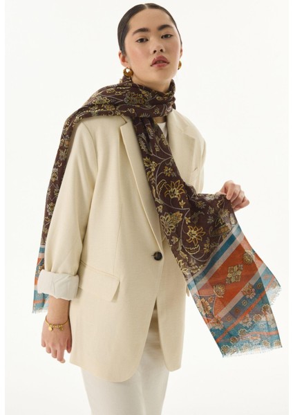 Amaya Etnik Desen Krem-Pudra Pamuklu Şal