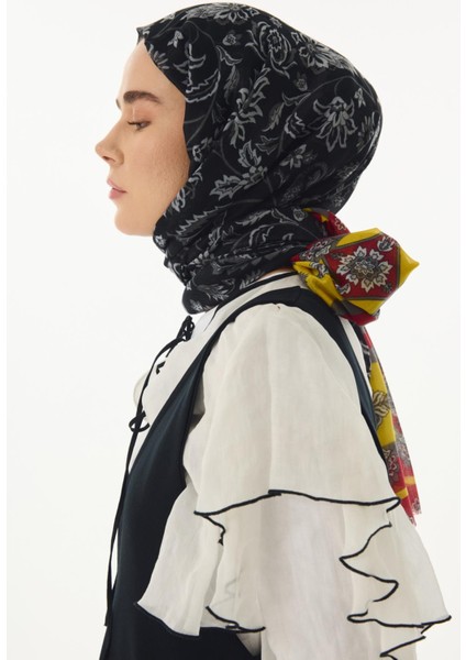 Amaya Etnik Desen Siyah-Sarı Pamuklu Şal