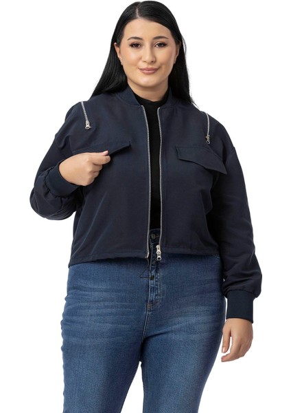 Büyük Beden Yakası ve Kol Ağzı Ribanalı Fermuar Detaylı Siyah Bomber Ceket