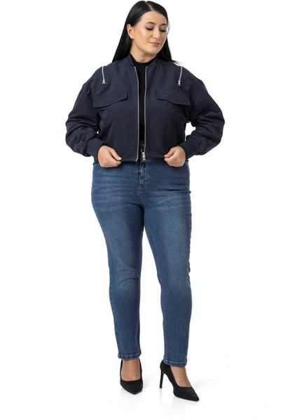 Büyük Beden Yakası ve Kol Ağzı Ribanalı Fermuar Detaylı Siyah Bomber Ceket fiyatları