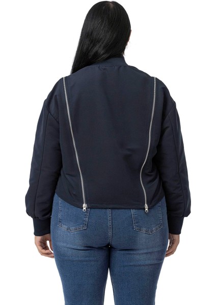 Büyük Beden Yakası ve Kol Ağzı Ribanalı Fermuar Detaylı Siyah Bomber Ceket modelleri