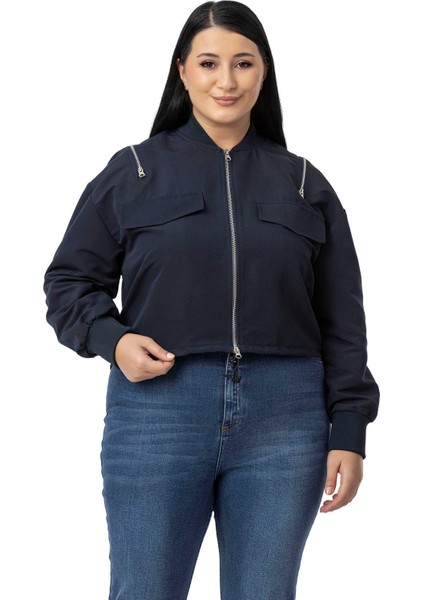 Büyük Beden Yakası ve Kol Ağzı Ribanalı Fermuar Detaylı Siyah Bomber Ceket indirimleri