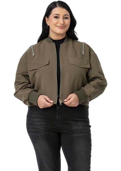 Büyük Beden Yakası ve Kol Ağzı Ribanalı Fermuar Detaylı Siyah Bomber Ceket