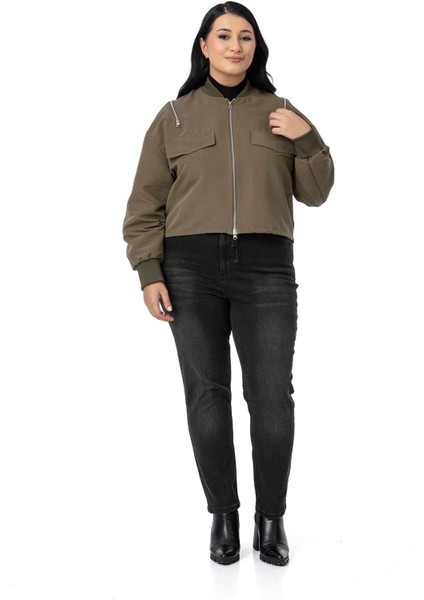 Büyük Beden Yakası ve Kol Ağzı Ribanalı Fermuar Detaylı Siyah Bomber Ceket fiyatları