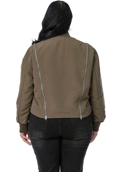 Büyük Beden Yakası ve Kol Ağzı Ribanalı Fermuar Detaylı Siyah Bomber Ceket modelleri