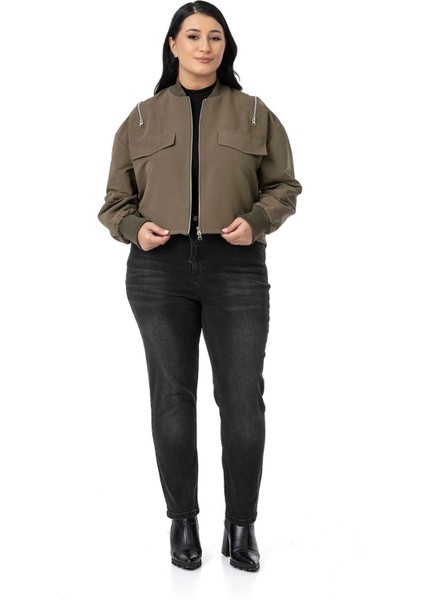 Büyük Beden Yakası ve Kol Ağzı Ribanalı Fermuar Detaylı Siyah Bomber Ceket fırsatları