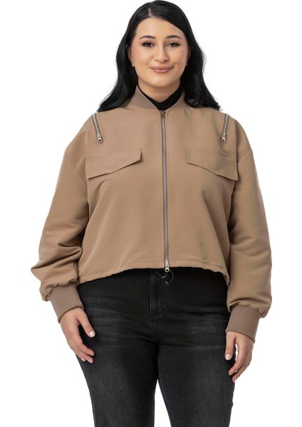 Büyük Beden Yakası ve Kol Ağzı Ribanalı Fermuar Detaylı Siyah Bomber Ceket