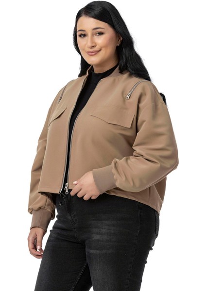 Büyük Beden Yakası ve Kol Ağzı Ribanalı Fermuar Detaylı Siyah Bomber Ceket fırsatları