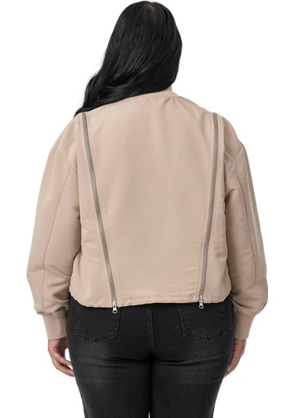 Büyük Beden Yakası ve Kol Ağzı Ribanalı Fermuar Detaylı Siyah Bomber Ceket