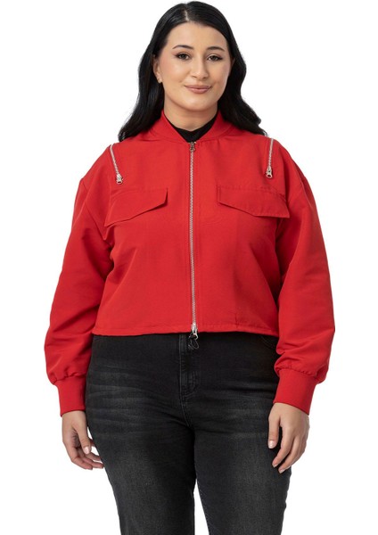 Büyük Beden Yakası ve Kol Ağzı Ribanalı Fermuar Detaylı Siyah Bomber Ceket