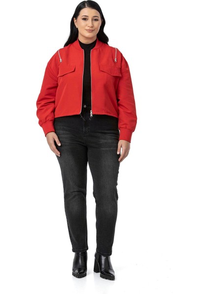 Büyük Beden Yakası ve Kol Ağzı Ribanalı Fermuar Detaylı Siyah Bomber Ceket fiyatları